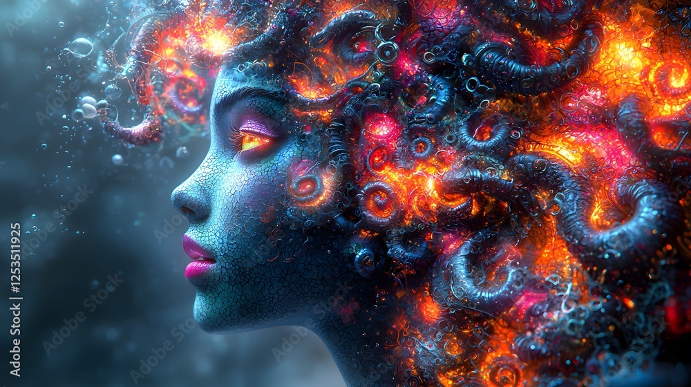 Poster medusa depicted in digital painting set in underworld evoking a serene mood illuminated by overcast 