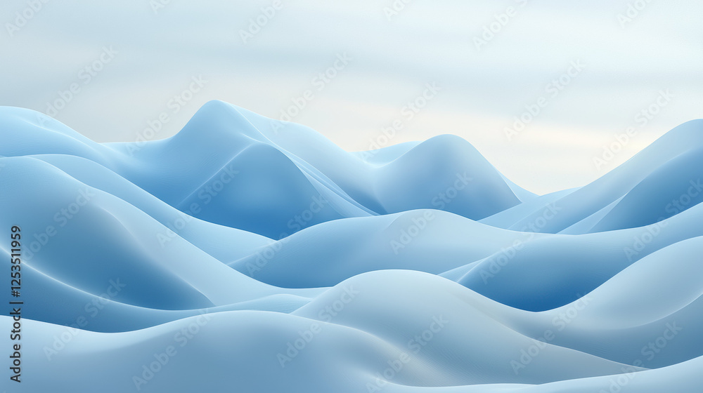 Poster soft blue undulating hills with serene and smooth texture under pale sky, evoking tranquil and dream