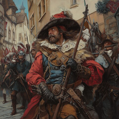 Historical Reenactment of Soldiers Marching in a Medieval-Style Urban Setting