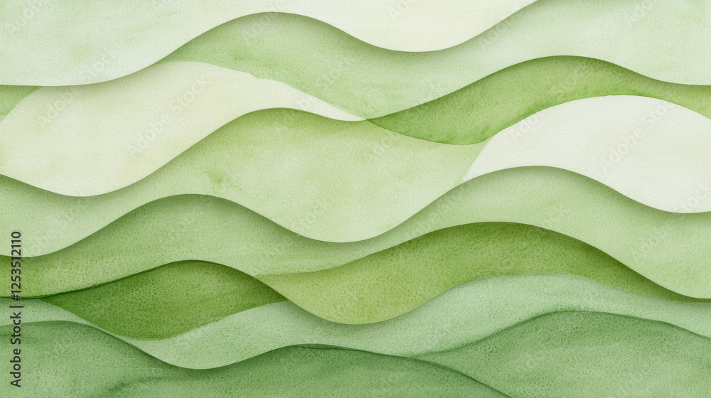 Poster soft green watercolor waves layered in abstract design, creating calming and fresh aesthetic. gradie