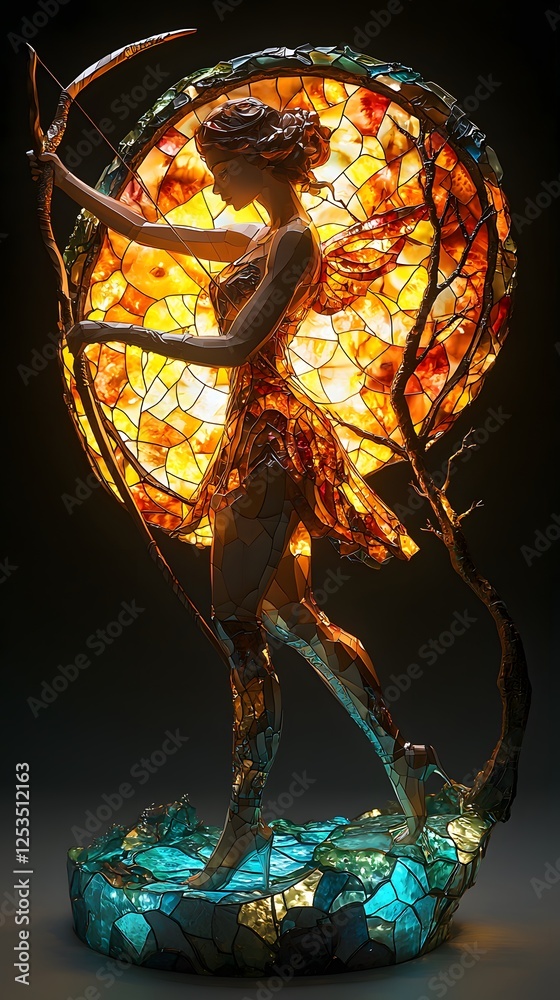 Poster artemis depicted in photorealism set in underworld evoking a mysterious mood illuminated by soft glo