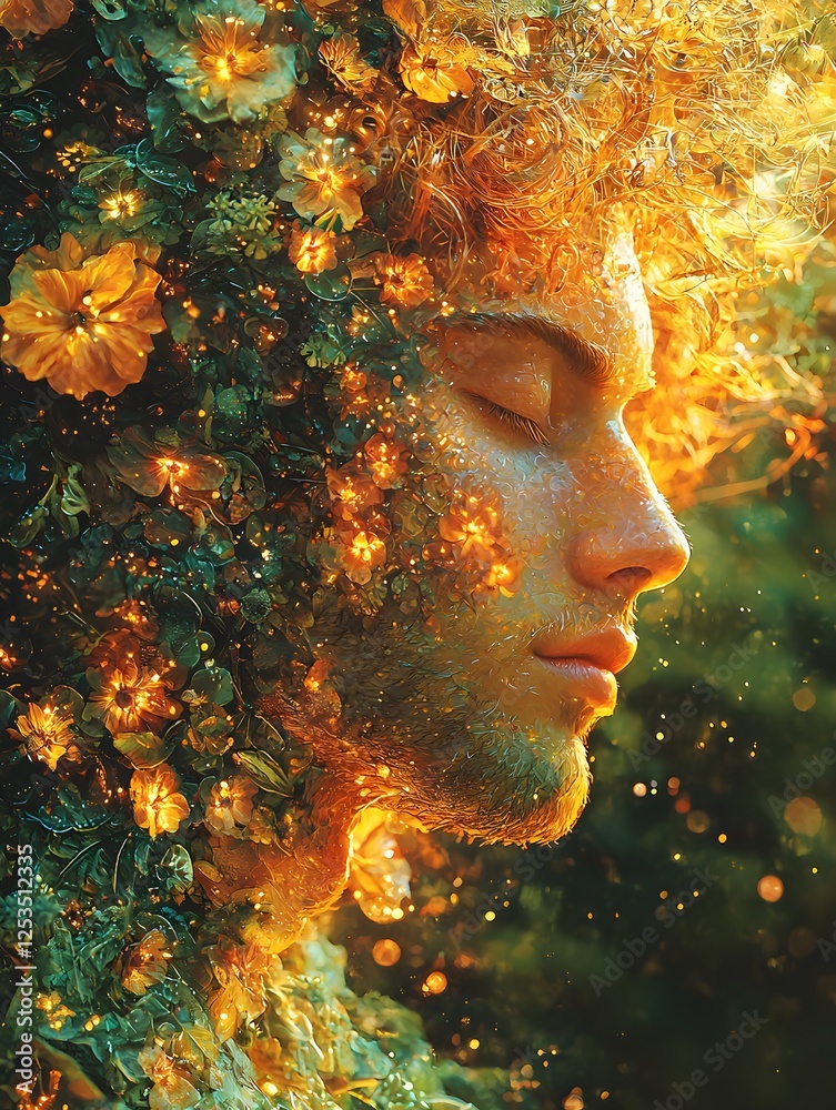 Poster dionysus depicted in abstract art set in heavenly garden evoking a powerful mood illuminated by soft