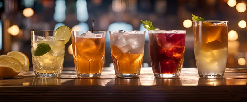 A row of drinks on a bar counter including a variety of cocktails Video 4K