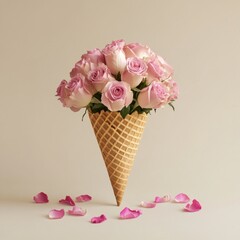 A bouquet of fresh pink roses arranged inside a crisp waffle ice cream cone, with petals spilling delicately over the rim, isolated on a soft light beige background 