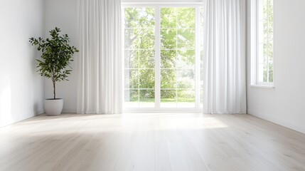 Fototapeta premium Bright empty room features light wooden flooring and a green potted plant next to large windows with white curtains.