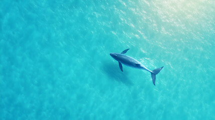 Fototapeta premium Aerial view of a dolphin swimming alone in crystal blue ocean water glistening in the sunlight. Marine wildlife concept