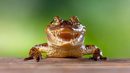 Alligator smiles, resting its front legs on the wood,  with a blurred green backdrop, for wildlife books or conservation initiatives
