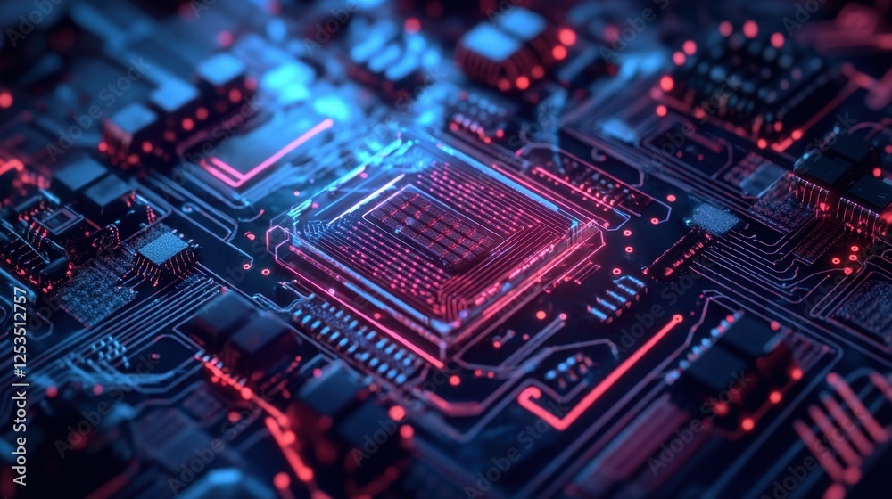 Poster close up view of an advanced circuit board featuring a glowing microchip. the intricate design highl