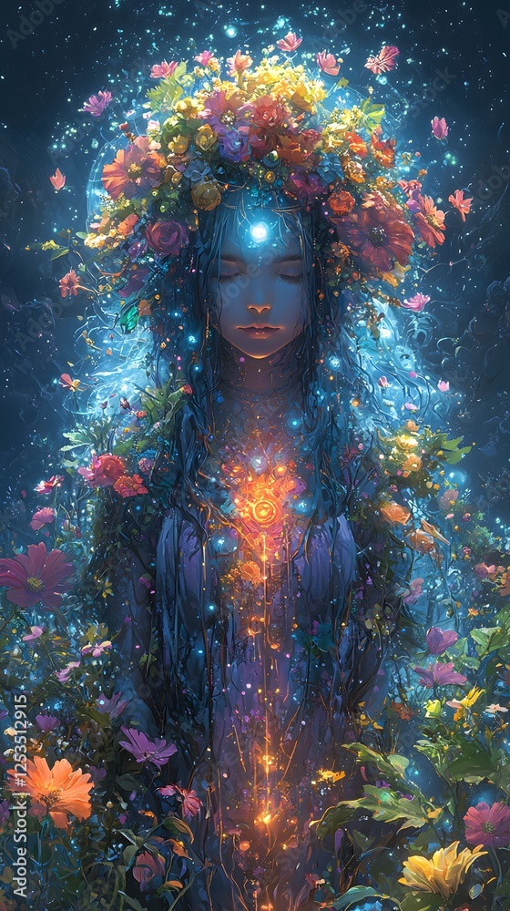 Poster artemis depicted in anime style set in labyrinth evoking a fierce mood illuminated by bioluminescent
