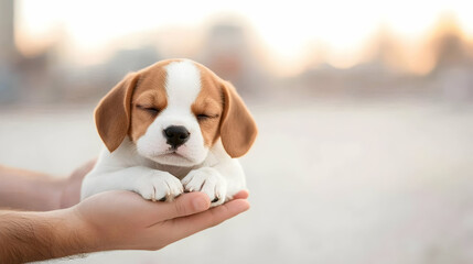 Beagle puppy being held in a hand outdoors. Soft light and bokeh background. Possibly for pet care or animal-related use