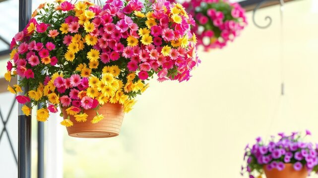 A tiered hanging basket system filled with colorful flowers in shades of pink, yellow, and purple, suspended from a sturdy metal frame, interior design, hanging baskets, home decor