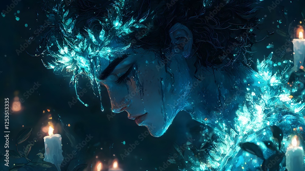 Poster hades depicted in anime style set in deep ocean evoking a ethereal mood illuminated by candlelit wit