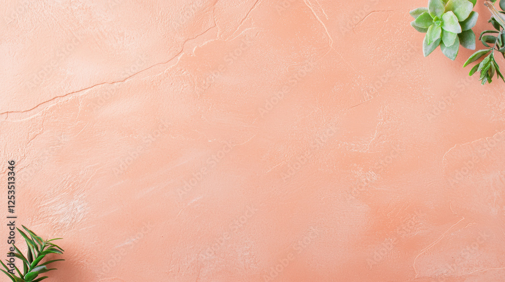 Aufkleber soft peach textured background with green succulents and leaves in corners, creating natural and cal