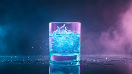 Blue water splashes in a glass for freshness, drink ads, or healthy lifestyle, set against neon mist with drops scattered on a dark surface