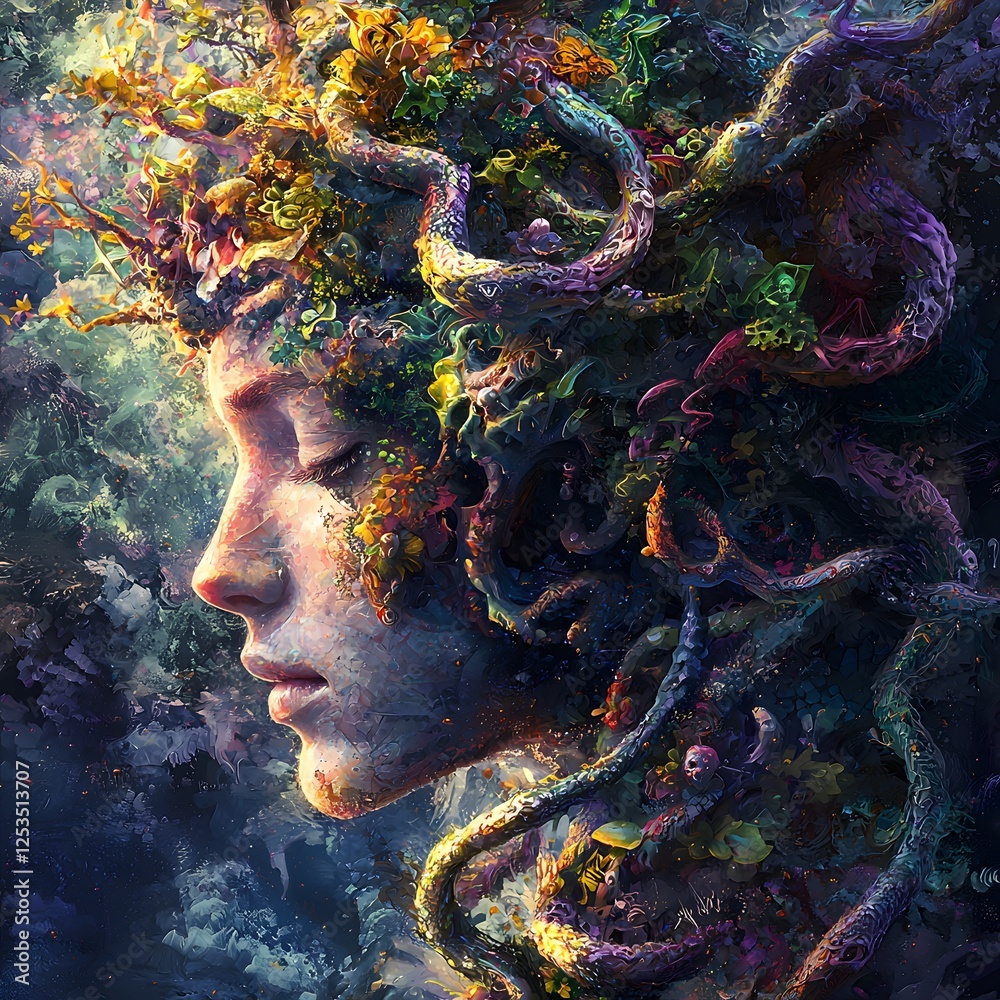 Poster medusa depicted in digital painting set in mystical forest evoking a serene mood illuminated by dram
