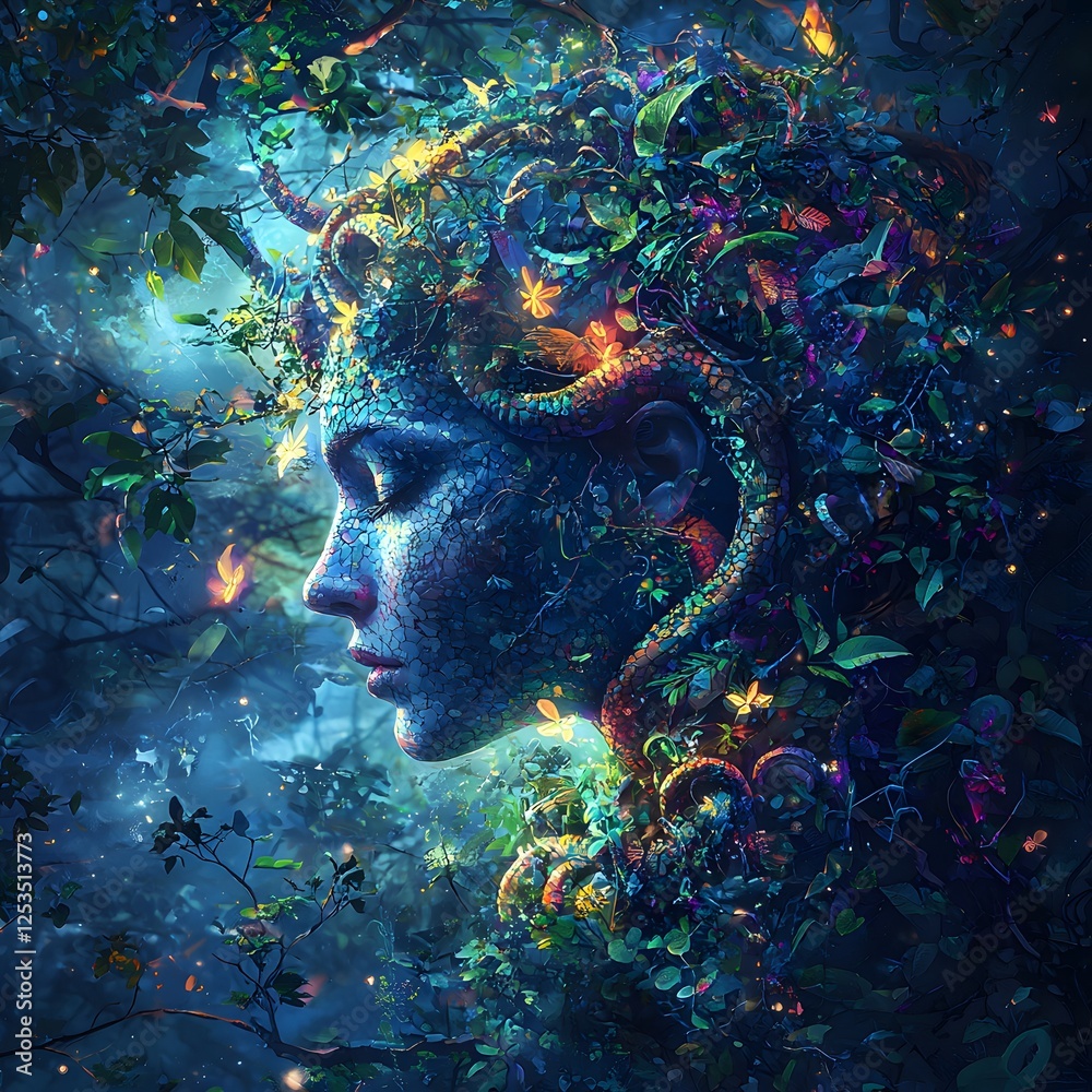 Poster medusa depicted in digital painting set in mystical forest evoking a serene mood illuminated by dram