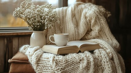 Cozy Autumn Afternoon: A Relaxing Scene with a Book, Warm Drink, and Knitted Blanket