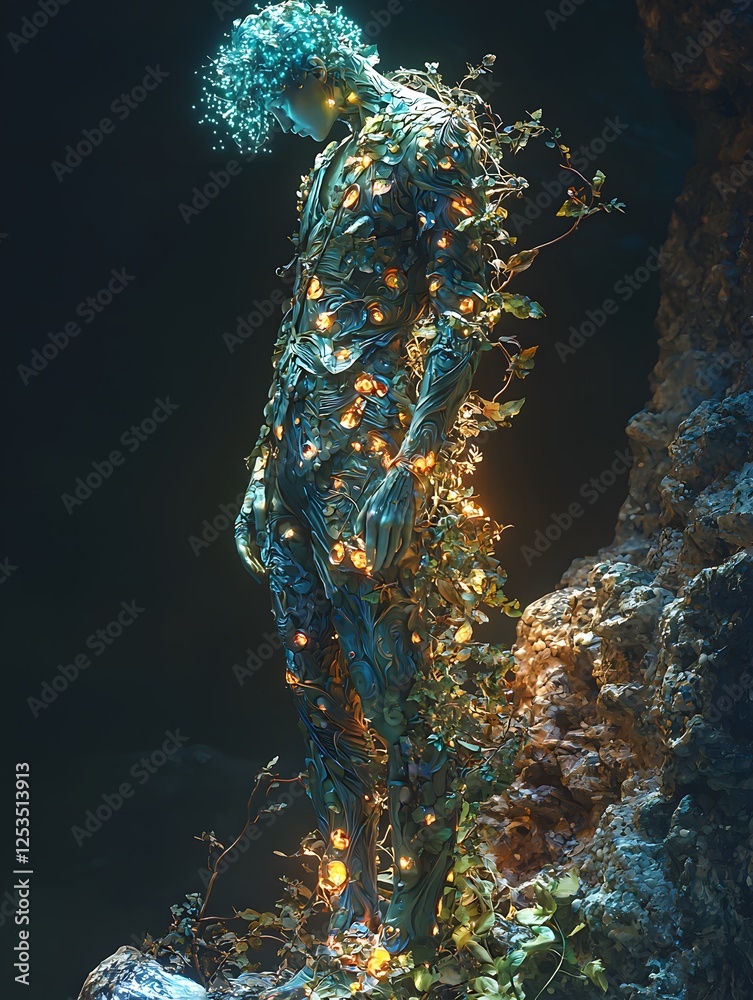 Poster hermes depicted in photorealism set in underworld evoking a serene mood illuminated by bioluminescen