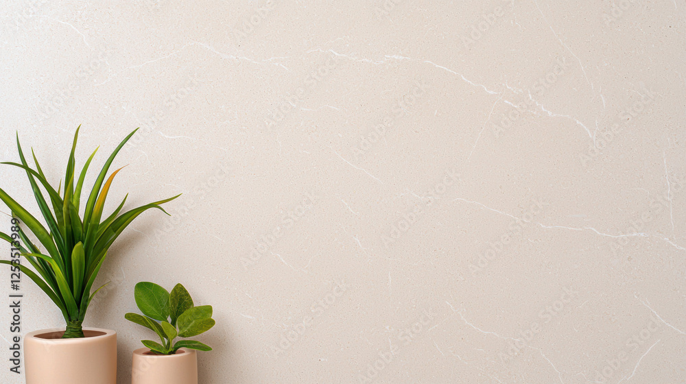 Poster minimalist beige background with subtle marble texture, complemented by two potted green plants in s