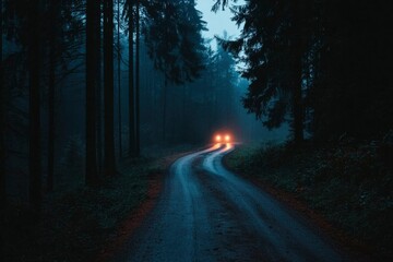 Misty Forest Road at Night. Car Headlights.  Possible use Stock photo for travel, adventure, nature, or automotive themes