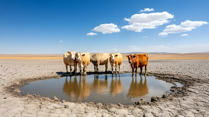 Cattle drinking water from a puddle on arid land under a blue sky. Concept image for farming, agriculture, livestock, climate change