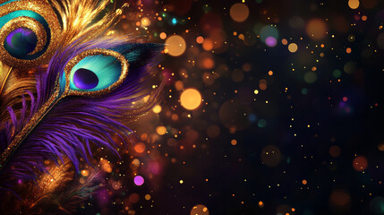 Festive feathers in emerald, purple, and gold capture the spirit of Mardi Gras, complemented by a sparkling bokeh background that enhances the joyful masquerade vibe.