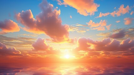 Obraz premium Beautiful Summer Sky with Colorful Clouds and Sun Setting Over Calm Water for Serene Nature Scenes and Backgrounds