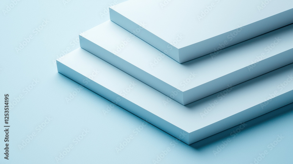 Poster Minimalist composition of four white rectangular platforms arranged in stepped design on light blue background, creating clean and modern aesthetic
