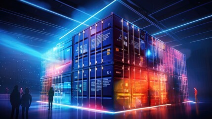 Modern accounting and warehousing of containers in large storage areas. Digital neon illumination of storage bins, their numbers and names of packaged goods with delivery addresses.