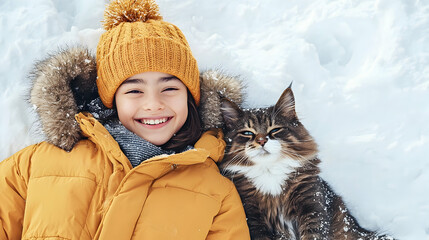 Child and cat resting in snow, joyfully smiling. Winter scene. Pet companionship and outdoor fun. Use for heartwarming family content
