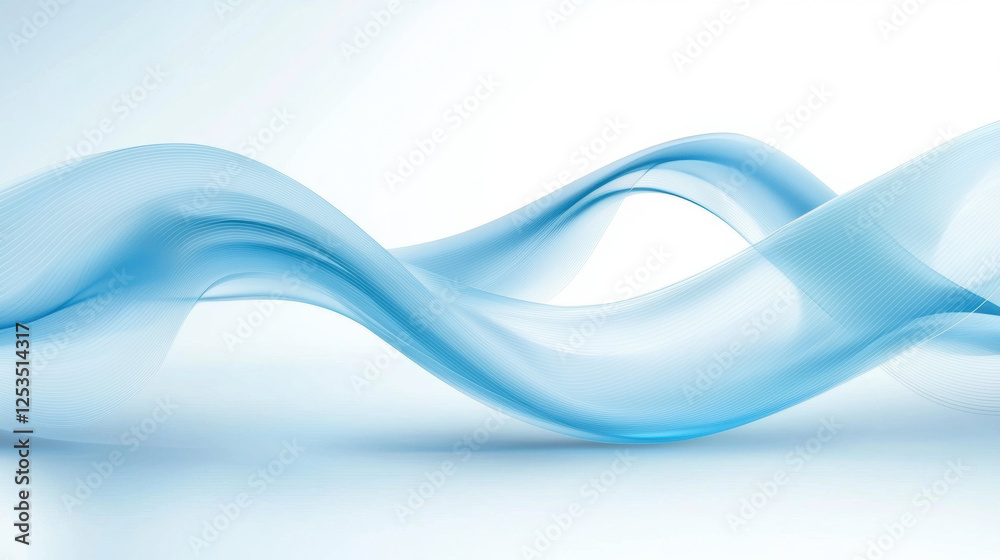 Poster smooth, flowing blue abstract wave design on white background, evoking sense of calm and modernity. gradient and transparency create dynamic yet serene visual effect