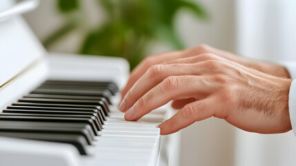 Obraz premium Close-up of hands playing a white piano indoors, with a blurred green plant in the background, showing skill and creativity