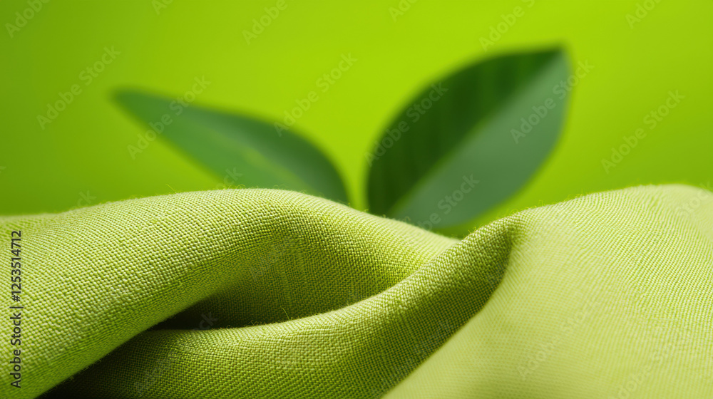 Poster close up of green fabric with soft texture, draped elegantly against blurred background featuring gr