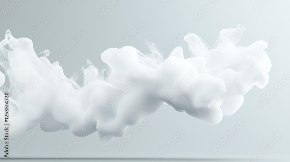 Poster soft, white cloud of smoke or vapor floats against light gray background, creating serene and ethere