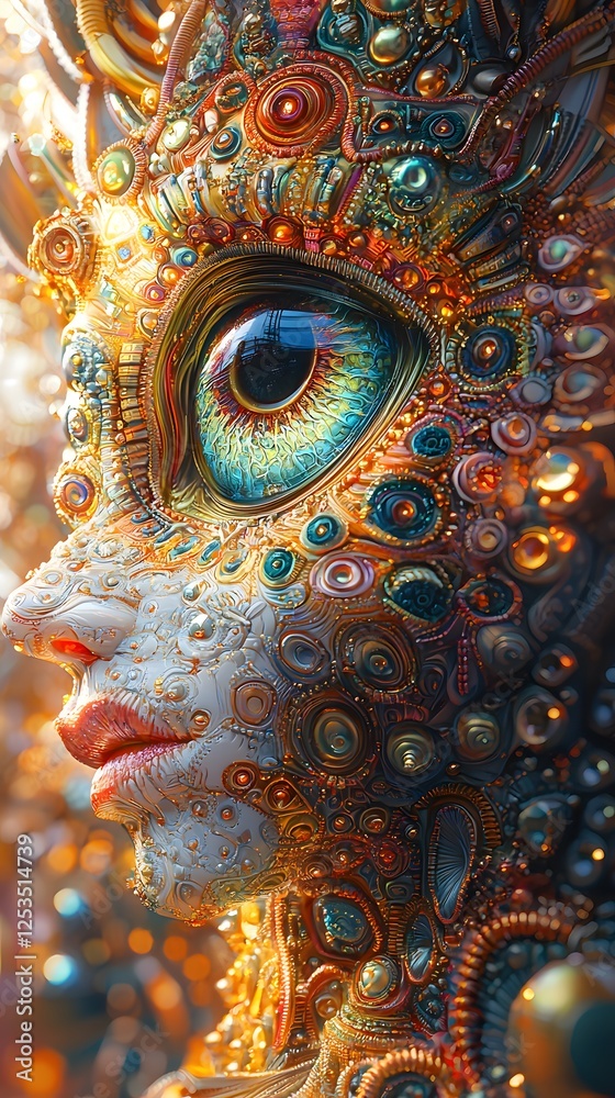 Poster cyclops depicted in photorealism set in labyrinth evoking a playful mood illuminated by golden hour 