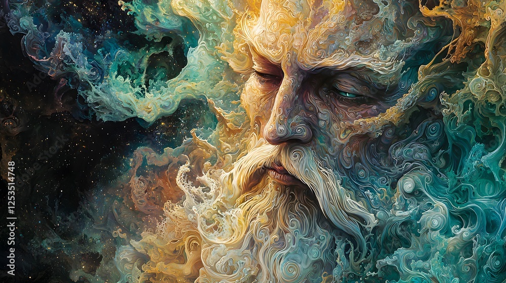 Poster hades depicted in abstract art set in mystical forest evoking a melancholic mood illuminated by soft