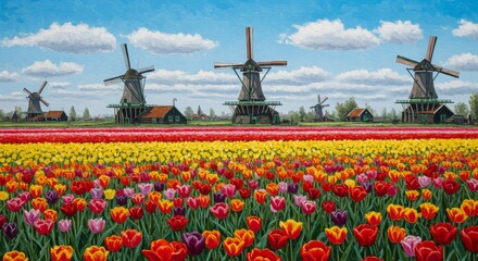 Vibrant Tulip Field with Windmills Landscape Under Cloudy Blue Sky