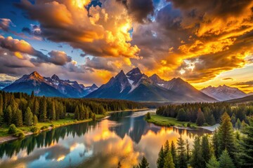Obraz premium Breathtaking panoramic landscapes: majestic mountains, serene nature, stunning sunsets, epic horizons, and dramatic skies.