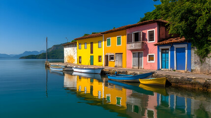 Obraz premium Colorful houses on the coast by calm sea, reflected in the water. Can be used to illustrate travel, vacations and summer themes