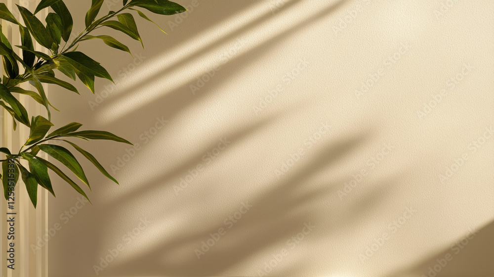 Aufkleber minimalistic beige wall with soft shadows of leaves and sunlight, creating warm and serene atmosphere. textured surface adds depth and elegance to composition