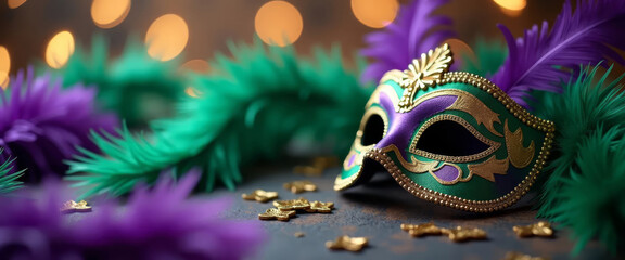 Mardi Gras carnival mask with feathers on bokeh background.