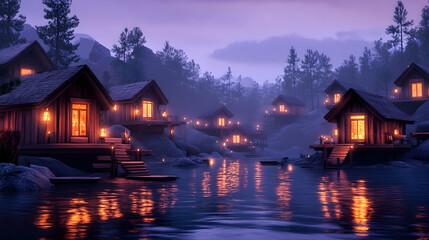 Fototapeta premium Cozy cabins glow along the lake at dusk, offering a serene waterside retreat. Ideal for travel or tranquil lifestyle imagery