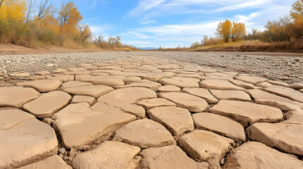 Fototapeta premium Cracked earth due to drought, showing a dry riverbed with trees under a bright blue sky. Illustrates climate change and environmental issues