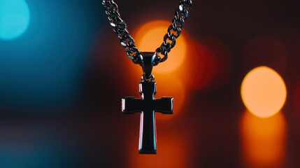 Close-up of a metal cross necklace, blurred background. Possible use Jewelry catalog or religious imagery