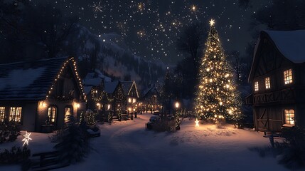 there is a christmas tree in the middle of a snowy town