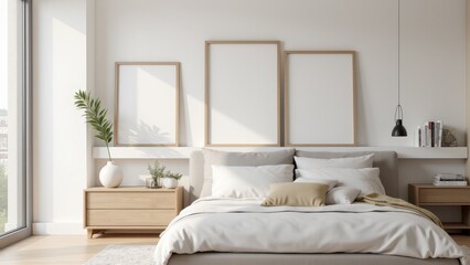 Collage Frame Mockup on Shelf, Bedroom with frame on shelf bed view photorealistic.