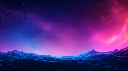 Distant landscape under a colorful nebula with stars. Scenery for wallpaper, background, screensaver, or presentation project