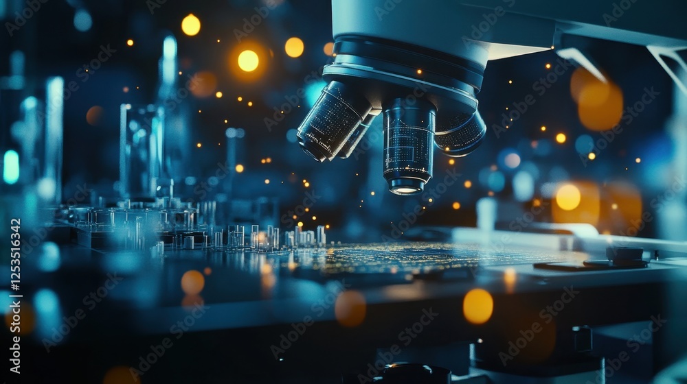 Poster high tech laboratory showcasing a powerful microscope focusing on a microchip, representing cutting 
