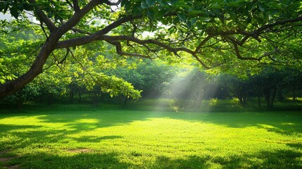 Obraz premium A serene landscape featuring lush green trees, dappled sunlight filtering through the leaves, and a vibrant grassy area, creating a peaceful natural setting.