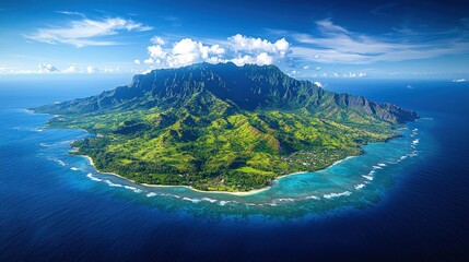Fototapeta premium Tropical island aerial view, lush greenery, ocean, village